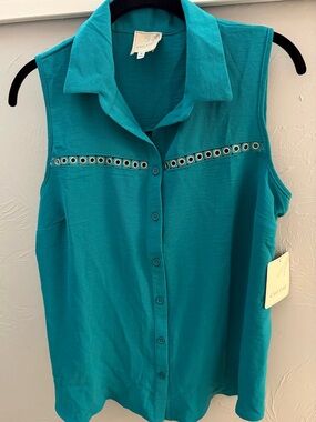 C’est cool  Teal Sleeveless Eyelet Button-Down Shirt